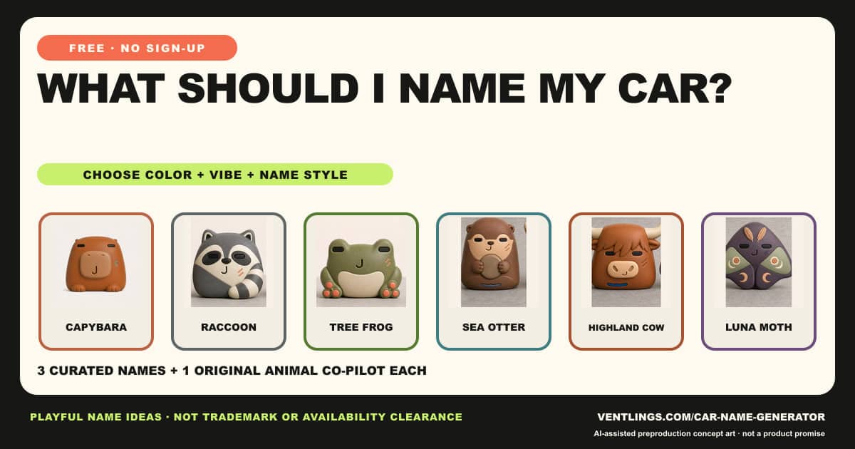Six original Ventlings animal co-pilots on a what-should-I-name-my-car card
