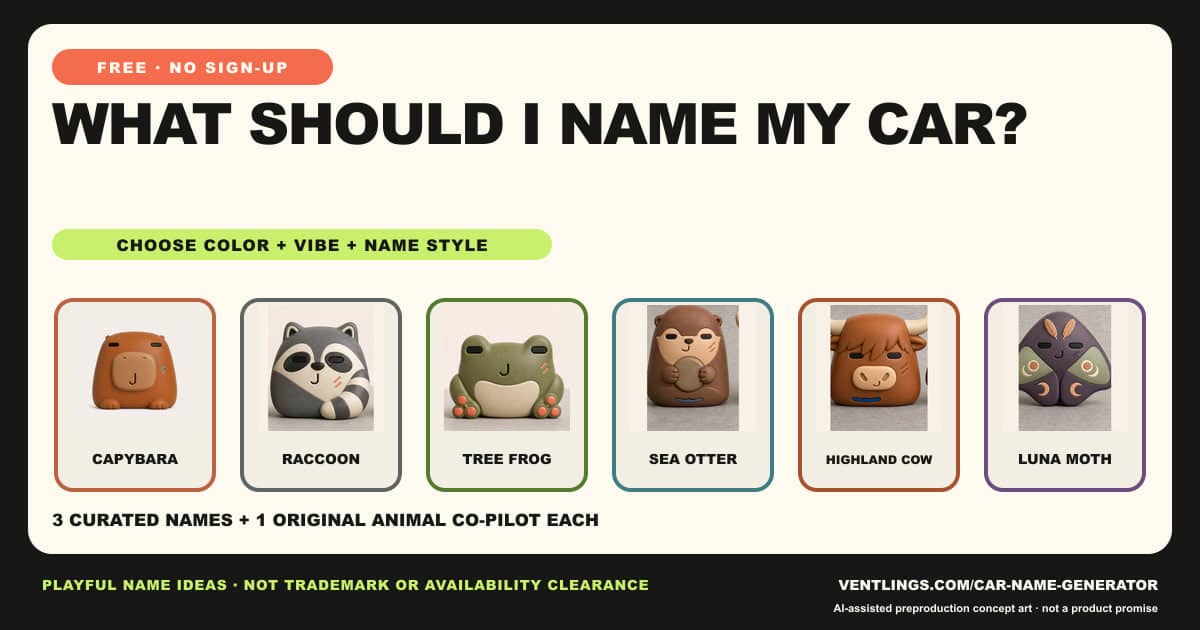 Six original Ventlings animal co-pilots on a what-should-I-name-my-car card
