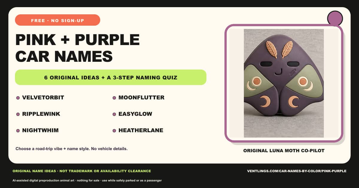 Pink and purple car names with more than one kind of cute. Original ideas paired with an original Luna moth co-pilot