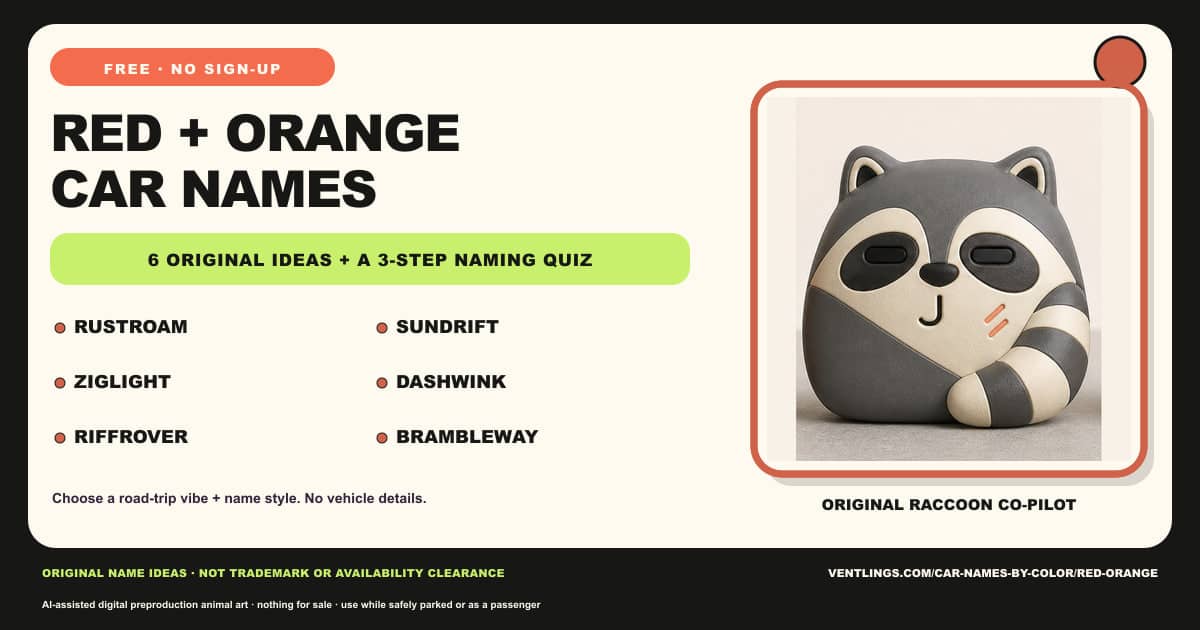 Red and orange car names with warmth and motion. Original ideas paired with an original Raccoon co-pilot