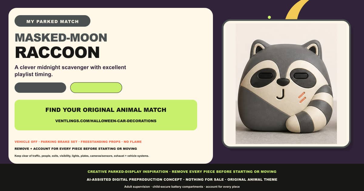Masked-Moon Raccoon parked Halloween car-display match card with an original Raccoon