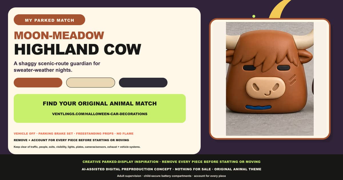 Moon-Meadow Highland Cow parked Halloween car-display match card with an original Highland cow