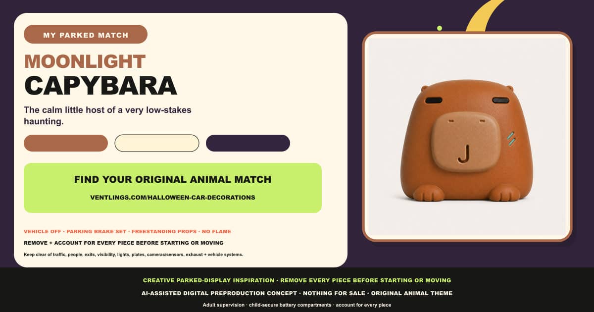 Moonlight Capybara parked Halloween car-display match card with an original Capybara
