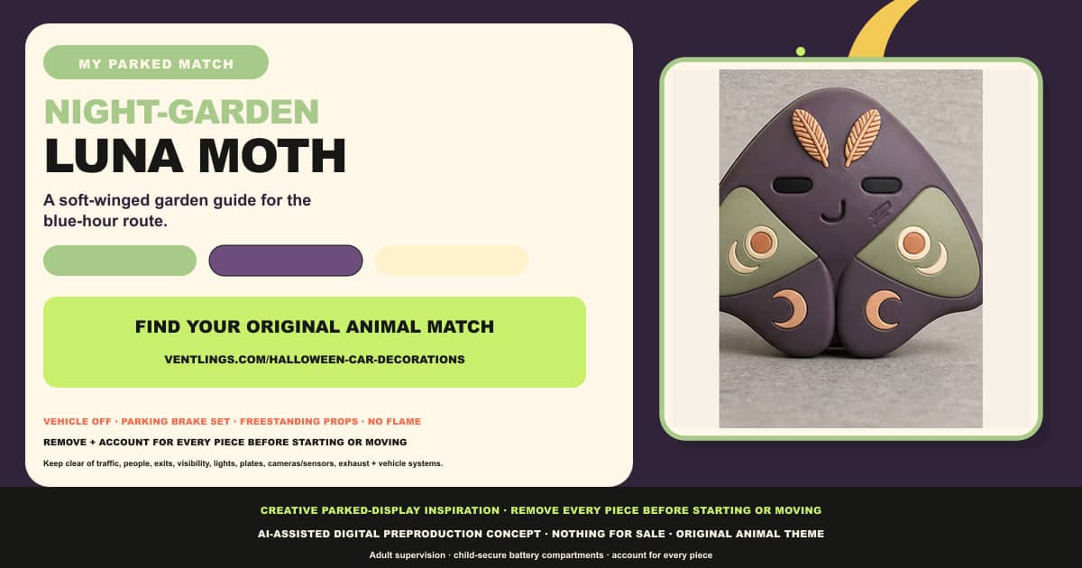 Night-Garden Luna Moth parked Halloween car-display match card with an original Luna moth