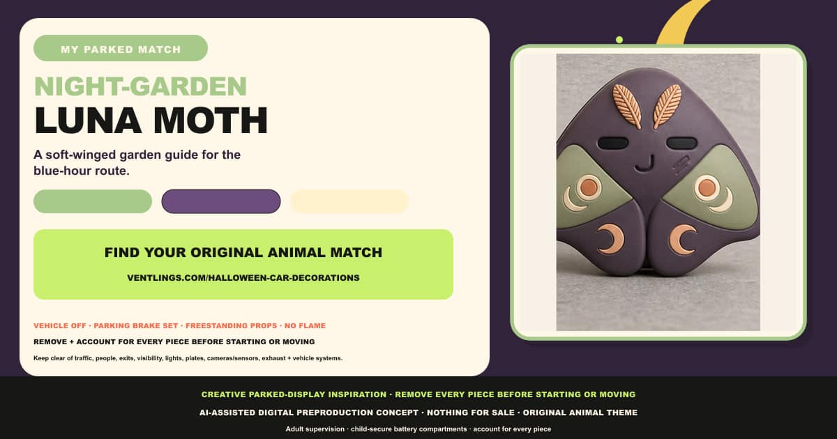 Night-Garden Luna Moth parked Halloween car-display match card with an original Luna moth