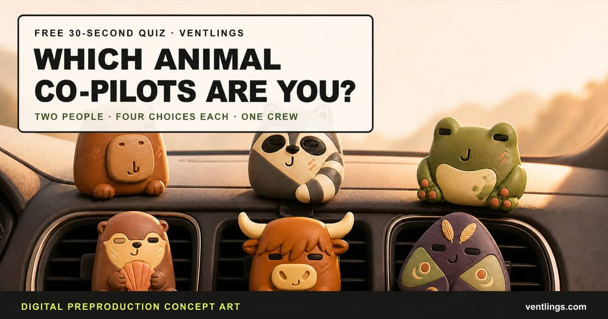 Six original Ventlings animal co-pilots in a warm car interior beside the question Which animal co-pilots are you, labeled as digital preproduction concept art