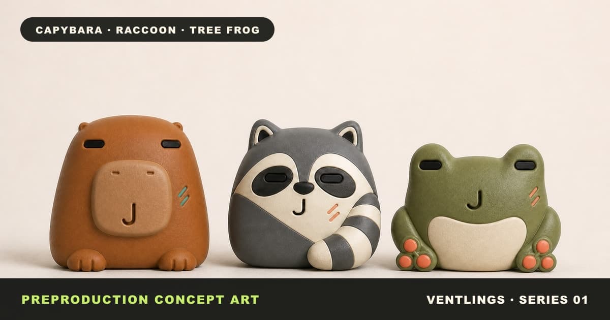 Ventlings capybara, raccoon and tree frog digital concept art