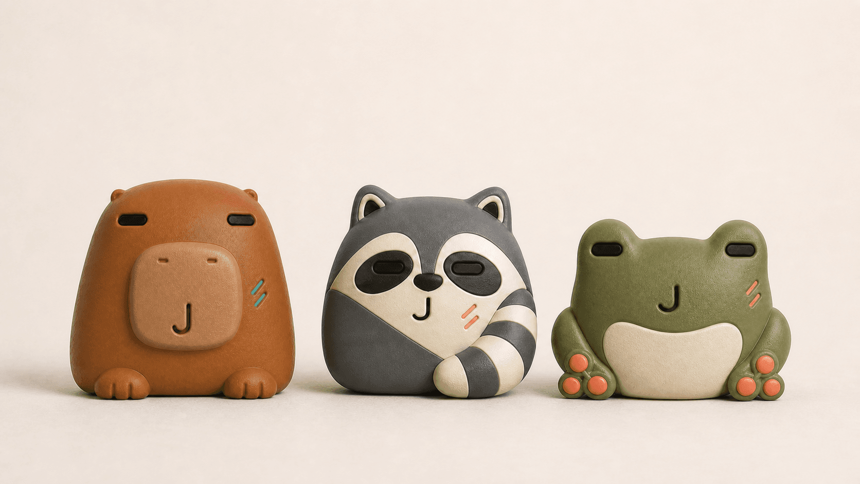 Original capybara, raccoon and tree frog car vent charm concept artwork