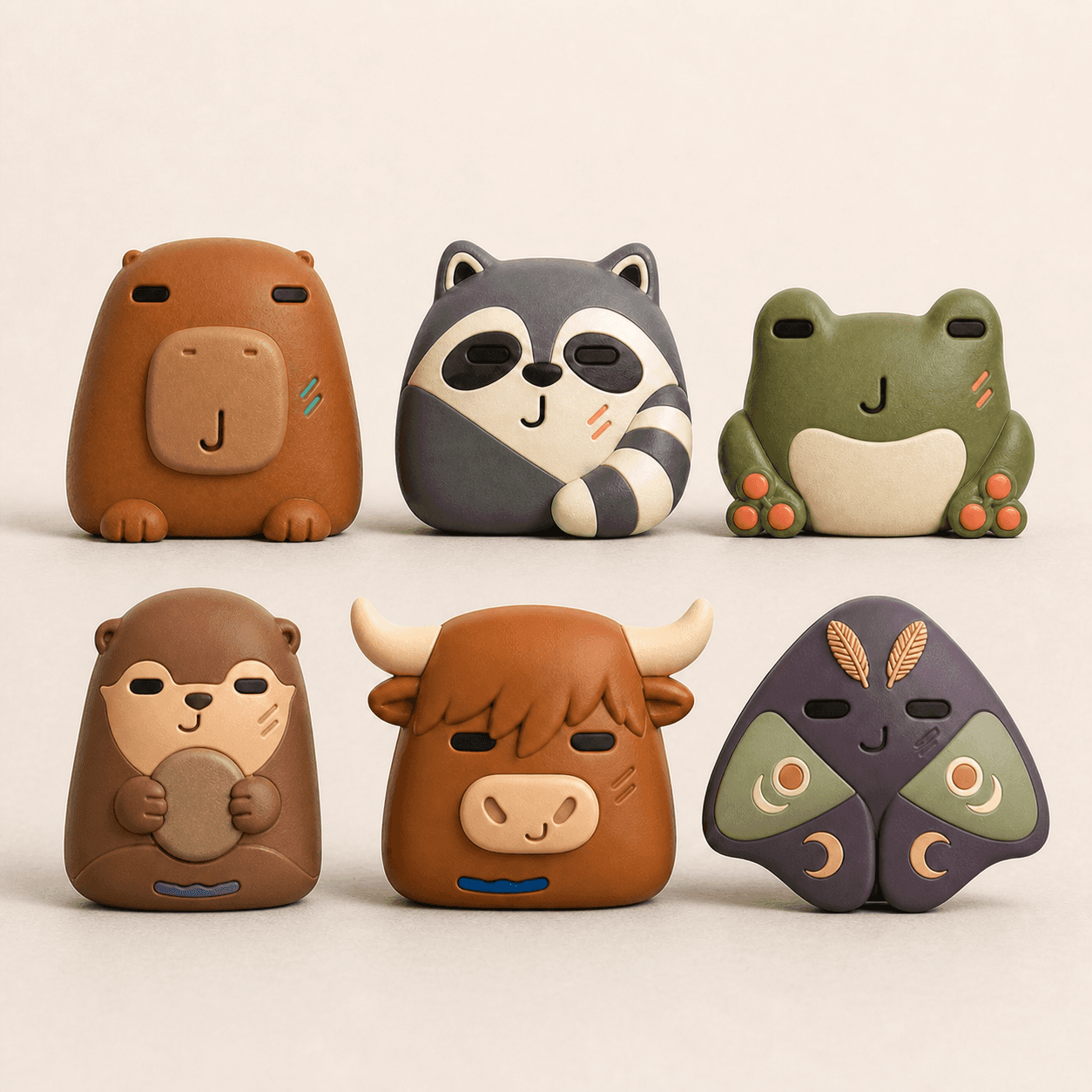 Six original Ventlings animal concepts: capybara, raccoon, tree frog, sea otter, Highland cow, and luna moth